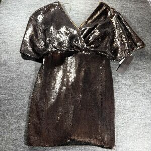 Aidan Mattox Sequin Mini Dress Bronze V Neck V Back Dolman Sleeve Cocktail